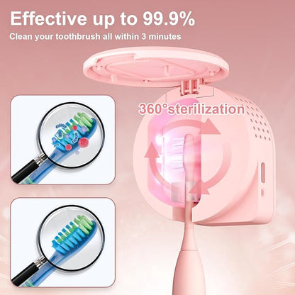 UV Toothbrush Sanitizer Holder, Toothbrush Sanitizer and Holder Cover Caps with Fan Drying, Rechargeable Portable Toothbrush Cleaner Case Fits Most Electric and Manual Toothbrushes (Pink)