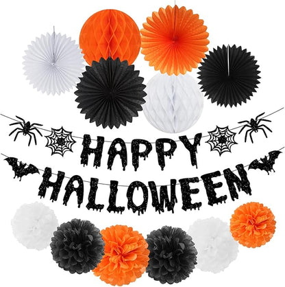 Orange Black Happy-Halloween Party Decorations - 13PCS Spider Web Bats Streamers Banner ,Paper Flowers Lanterns Tissue Pom Poms Fans, Classroom Birthday Bachelorette Hanging Supplies Decor Hugfond