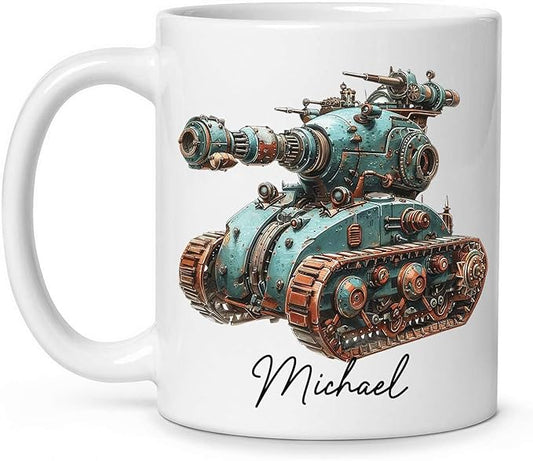 Personalized Unique Steampunk Tank Design Mug, Custom Mechanical Tank Art Coffee Cup 11oz, White Mug Gift For Mechanic Enthusiasts, Custom Name Ceramic Cup 11oz Or 15oz, Kids Mug