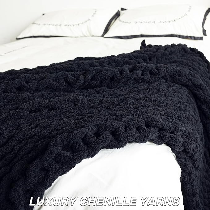Chunky Knit Blanket - Luxury Soft Cozy 40 * 50 Throw Blanket,100% Woven Blanket Rope Knot Throw Blanket for Couch, Sofa, Home Decor, Gift - Machine Washable（Black）