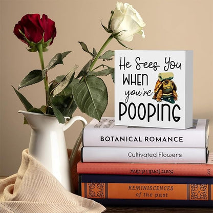Funny Sea Turtle Bathroom Decor, Bathroom Beach Decoration, Are You Pooping Sign Funny Ocean Turtle Decor, Wooden Box Decor Sign for Home Farmhouse Office Living Room Table Shelf Tiered