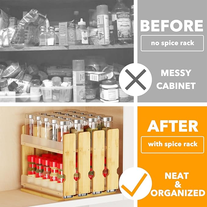 SpaceAid Bamboo Pull Out Spice Rack Organizer for Cabinet, Heavy Duty Slide Out Seasoning Kitchen Pantry Sliding Vertical Organization, 10.1" Wide, 4 Drawers(2" Wide), 2-Tier, Natural