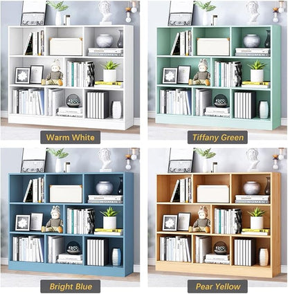 IOTXY Open Shelf Low Bookcase - Wooden 3-Tier Floor Standing Display Cabinet Organizer with Base, 8 Cubes Short Horizontal Bookshelf in Bright Blue
