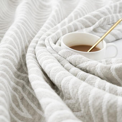 jinchan Boho 100% Cotton Blanket Muslin Twin Size 60x80 Inches Lightweight 3-Layer Geometric Triangle Striped Reversible Quilt Throw Soft Breathable Comfy All Seasons for Couch Bed Decor, Light Grey