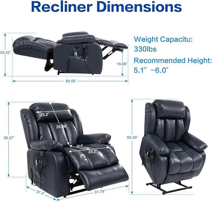 MAEVIS Power Recliner Chair, Lay Flat Sleeping Lift Chairs Recliner for Elderly with Heat and Massage,Comfy Real Breathable Leather Recliners with Dual OKIN Motor for Living Room (Blue)