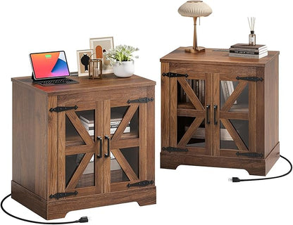 Farmhouse Side Table - 24" Large Night Stand Set 2, Wood Nightstand with Charging Station, Bedside Table with Adjustable Shelf, End Tables Living Room, Rustic Bed Side Tables Bedroom, Walnut