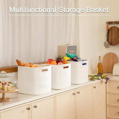 OIAHOMY Storage Cubes 11 Inch - 3 Pack, Cotton Rope Woven Baskets for Organizing, Square Storage Baskets for Shelves Organizer, Classroom, Kids Toy Bins, Closet, Baby Nursery-White