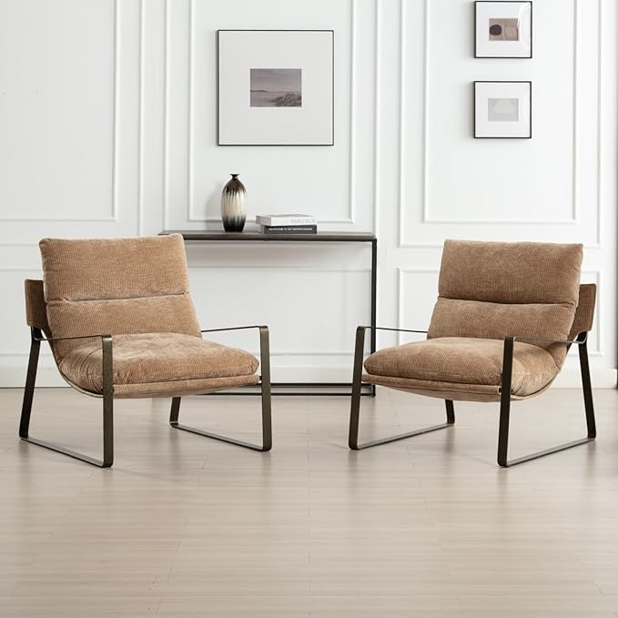 DUOMAY Mid-Century Accent Chair Armchair, Comfy Chenille Leisure Chair Lazy Chair with Brozen Metal Leg for Living Room Bedroom Office Apartment, Khaki