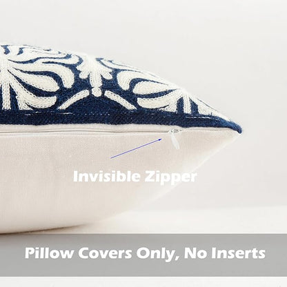 HWY 50 Navy Blue Decorative Lumbar Pillow Cover Rectangle 12x20 Inch (1 Piece), Embroidered Cotton Farmhouse Cushion Cover Pillow Case for Sofa Couch Living Room Bed, Minimalist Floral
