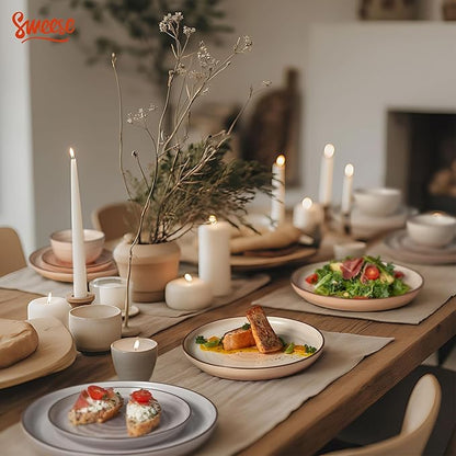 Sweese Plates and Bowls Sets, 18 Piece Dinnerware Set Porcelain Round Dinner Set for 6, Scratch Resistant Dishes Set, Dishwasher and Oven Microwave Safe Handpainted Swirl Dishware Sets, Neutral