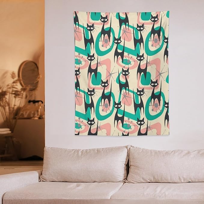 ICMOLYYENLO Boho Medieval Cat Tapestry, Abstract Atomic Starburst Geometric Aesthetic Art Wall Hanging For Bedroom Living Room Dormitory 50x60 Inches