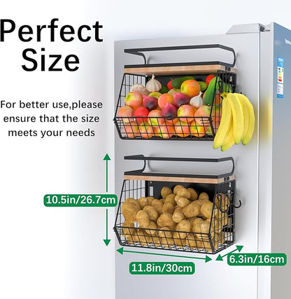 Magnetic Spice Rack for Refrigerator, Fruit, Potato & Onion Storage Bin,Large Capacity Magnetic Shelves for Side of Refrigerator, Kitchen Organizers and Storage Countertop,2 Pack Black