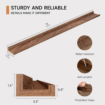 Floating Picture Ledge Shelves for Wall Set of 2, 72 Inches Picture Ledge Shelf with Long Large Nursery Book Shelf for Toys Storage Kids Bookshelf Wall Mounted Living Room Bedroom Decor Frames, Walnut