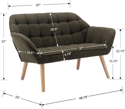 48" Small Loveseat Sofa, Modern Sherpa Mini Sofa Couch 2-Seater Fluffy Love Seat with Quilting Backs and Wood Legs for Living Room, Bedroom and Small Space, Green