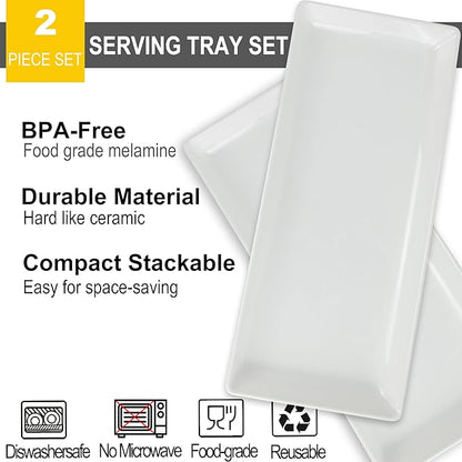 Long Melemine Serving Tray, 17.3x8x1.5 in Serving Platters and Trays for Appetizer, Charcuterie, Bread, Fruit, Dessert, Set of 2, White