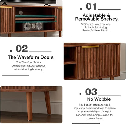 TV Stand for Living Room, Mid Century Modern Entertainment Center for 55/60/65 inch TVs, TV Console with Fluted Door Cabinets and Open Shelves, for Bedroom, Walnut