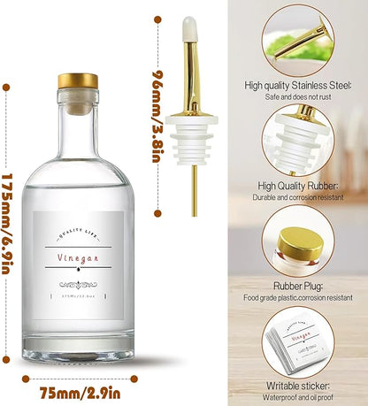 Olive Oil Dispenser Bottle for Kitchen, Clear Glass Oil and Vinegar Dispenser Set, Coffee Syrup Dispenser, Container With Metal Pour Spout, Airtight Lid, Funnel, Waterproof Labels (375ml-4 Pack)