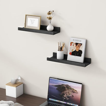 Picture Ledge Shelf for Wall, 16 inch Solid Pine Wood Nursery Book Shelves 2 Packs, Floating Ledge Shelves for Kids' Room Bedroom Bathroom Living Room Photo Frames Office Nursey Wall Decor, Black