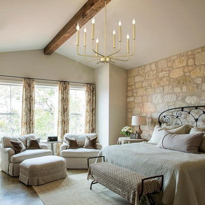 Modern Gold Farmhouse Chandeliers, 8-Light Industrial Metal Chandelier Lighting, Classic Candle Hanging Pendant Light Fixtures for Kitchen Bedroom, Dining Room, Living Room,Foyer