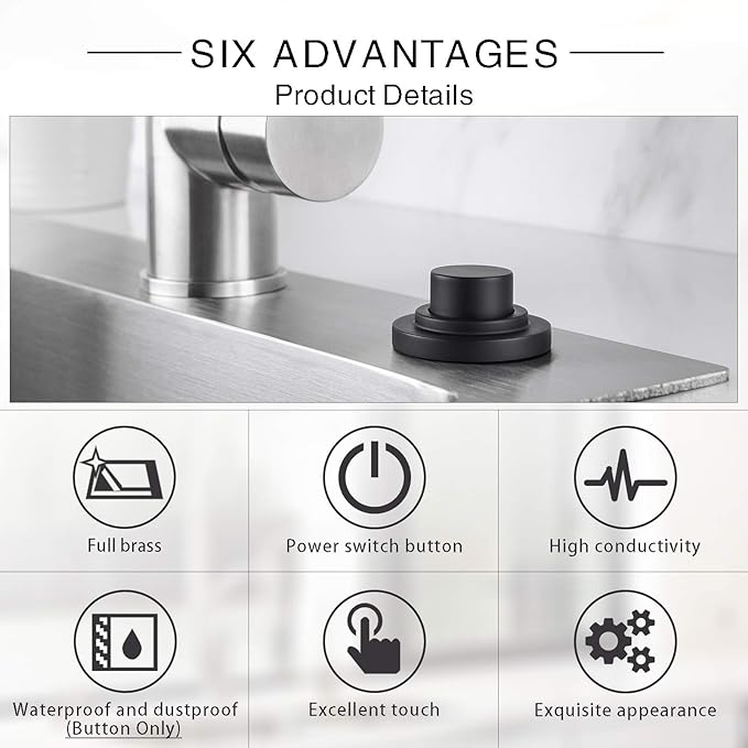 SinkTop Air Switch Kit (Long Full Brass Button) for Garbage Disposal, Cordless Matte Black