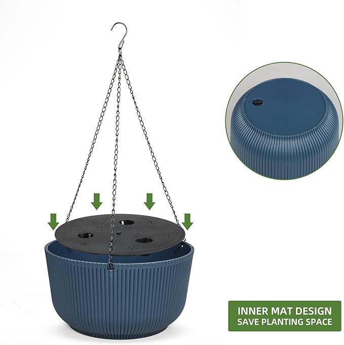 Dexceder 11.2 Inch Self Watering Hanging Planters Indoor Outdoor, Thickened Hanging Basket Flower Plant Pot (2 Pack, Deep Blue)