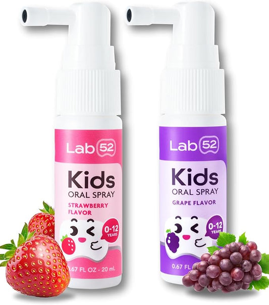 LAB52 Kids Oral Spray, Toddler Toothpaste Helper for Daily Oral Care and Fresh Breath, Children Approved with Fluoride Free for Newborn to Preschoolers, Xylitol (Strawberry & Grape)