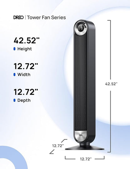 Dreo Tower Fan for Bedroom, Upgraded DC 9 Speeds 25dB Ultra-Quiet Floor Fan, 90° Oscillating Fans with 28ft/s Velocity, 12H Timer, Standing Fan, Bladeless Fan Powerful for Home Office Room