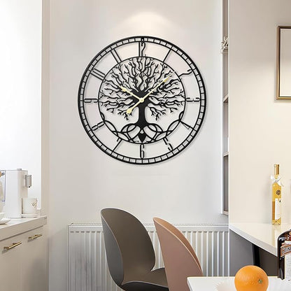 Tree of Life Wall Clock – Elegant 24-Inch Oversized Metal Farmhouse Decor for Living Room, Modern Battery Operated Wall Clock with Silent Operation