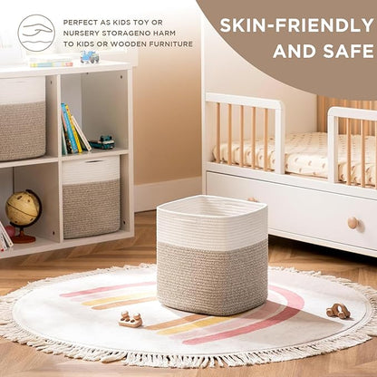 joybest Cube Storage Bins Set of 4, 13inch Cube Baskets Organizer for Nursery, Square Cotton Rope Baskets for Shelves Organizing, Kids Toy, Closet Storage, Brown and Cream White
