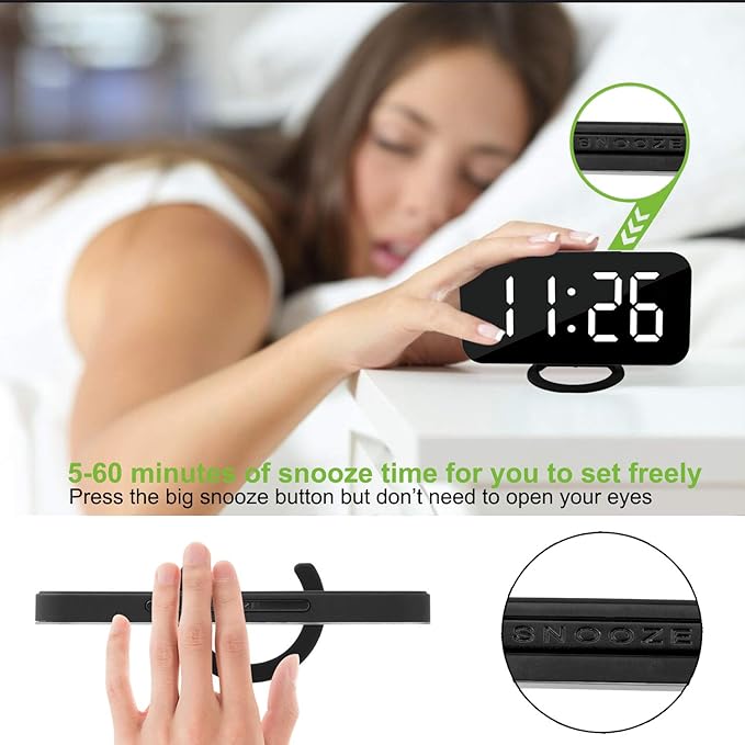 Digital Clock Large Display, LED Alarm Electric Clocks Mirror Surface for Makeup with Diming Mode, 3 Levels Brightness, Dual USB Ports Modern Decoration for Home Bedroom Decor-Black