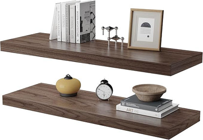 Large Floating Shelves for Wall Set of 2 Wooden Wall Shelves 24 in x 12.75 in x 2 in Room Decor Long Shelf with Invisible Wall Mount Bracket for Bedroom Kitchen Living Room Walnut