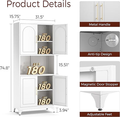 75" Tall Kitchen Pantry Storage Cabinet, Metal Storage Cabinets with 4 Doors and Adjustable Shelves，White Kitchen Hutch Cabinet with Microwave Stand, Large Cupboard for Dining Living Room