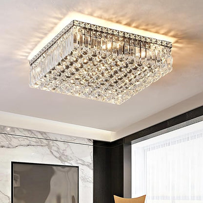 12-Lights Black Crystal Flush Mount Ceiling Light Fixtures,Elegant Crystal Chandelier Pendant Ceiling Lamp for Bedroom,Living Room,Dining Room,Hallway H5.9 x W20 x L20 (Bulb Not Included)Square
