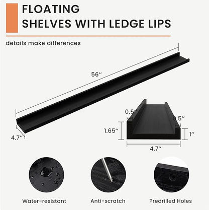 Solid Ash Wood Picture Ledge Shelf, Floating Shelves Set of 2, 56 Inch Long Large Ledge Shelves, Nursery Book Shelves Wall Mounted for Living Room Bedroom Kitchen Decor Kids Bookshelf, Black