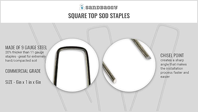 Sandbaggy 6 inch Landscape Sod Staples (9 Gauge Steel) ~ Great for Hard Soil - 20% Thicker Than Competition - Trusted by Farmers & Contractors Across USA (1000 Staples)