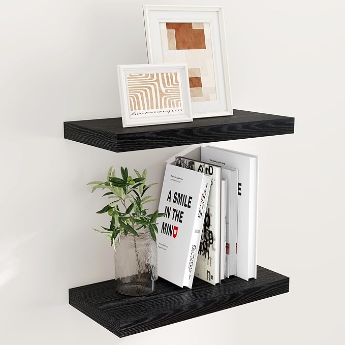 Fun Memories Black Floating Shelves 16 Inch Long, 9 Inch Deep Wall Shelf for Bathroom, 16 x 9 Floating Shelf for Living Room, Bedroom, Kitchen, Rustic Wood Shelves for Wall, Set of 2