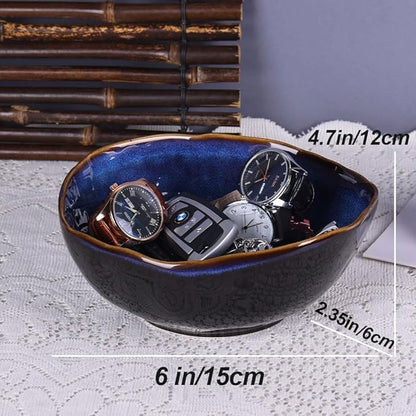 6" Blue Ceramic Decorative Bowl, Entryway Table Decor Pottery Key Bowl, Candy Dish, Salad Bowl, Blue Decor Small Jewelry Trinket Dish for Bedroom, Centerpiece, Bedside Table, Living Room Decor