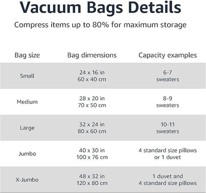 Amazon Basics Vacuum Compression Space Saving Storage Bags with Hand Pump for Clothes Packing, Jumbo, Clear, Pack of 6