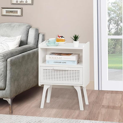 Lerliuo Rattan Nightstands Set of 2, Side Table with Drawer Open Shelf, Cane Accent Bedside End Table with Solid Wood Legs, Mid Century Modern Night Stand for Bedroom, Dorm and Small Spaces (White)