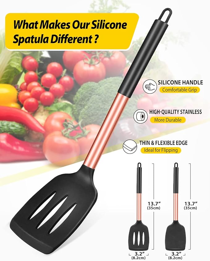 Pack of 2 Silicone Solid Turner, Non Stick Slotted Kitchen Spatulas, High Heat Resistant BPA Free Cooking Utensils, Ideal Cookware for Fish, Eggs, Pancakes(Rose Gold Black)