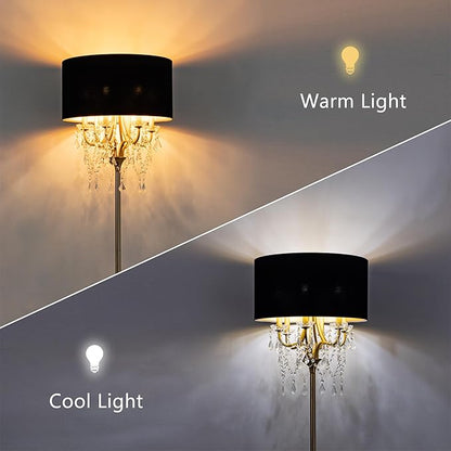 Wellmet Gold Crystal Drum Shade Floor Lamp, 6 Light Black Gold Shade, Candle Base for Living Room, Bedroom, Reading Room, Hallway, Corridor