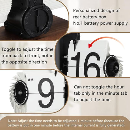 Flip Desk Clock, Retro Vintage Flip Desk Table Clock, Digital Sided Large Numbers Mechanical Flip Clock Wood Base for Living Room, Study Room and Office（Black）