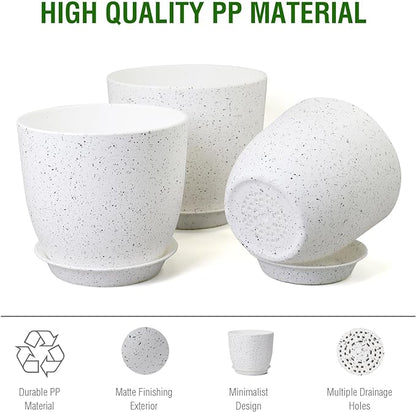 Large Flower Pots 12/10/9 inch, Set of 3 Modern Decorative Plastic Planters with Drainage Holes and Saucers for Garden House Plants, Plant Pots for Indoor Outdoor Plants, Speckled White