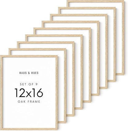 HAUS AND HUES Square Picture Frames 12 x 16 Set of 9 - Photo Gallery Wall Frame Set, Wood 12x16 Frames with Mat, 12 x 16 Frames Gallery Wall Set, Square Frames 12x16 (Beige Oak Frames)