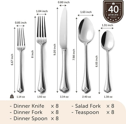 KINGSTONE Silverware Set, 40-piece 18/10 Stainless Steel Flatware Set Cutlery Set for 8, for Kitchen, Home, Wedding, Party, Mirror Polished and Dishwasher Safe, Featured Gifts