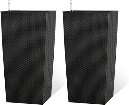 2Pcs 23in High Large Plant Pots Planter-Self-Watering,Modern Planter with Drain Holes,Water Level Monitor,Inner Bucket for Indoor/Outdoor Front Porch Patio,Black Rattan