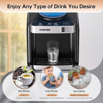 ICEPURE 3-in-1 Water Dispenser with Ice Maker, Water Cooler Dispenser for 5 Gallon Bottle Built-in Bullet Ice Maker Top Loading, Hot and Cold Water Dispenser for Home/Office, 33lbs/24H, Child Lock