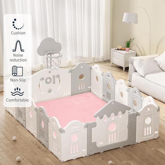ACOMOPACK Baby Play Mat for Floor 1.3" Thick Memory Foam Play Mat 59"×71" Tummy Time Crawling with Non-Slip Bottom for Living Room,Nursery,Soft Velvet Playpen Mats for Kids,Infants（Pink）