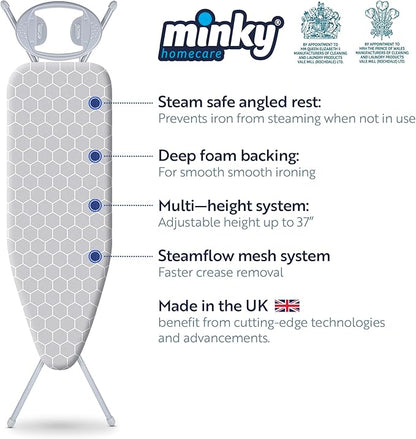 Minky Homecare Classic 4-Leg Ironing Board with Iron Rest - Freestanding Full Size Iron Board for Clothes Pressing with 43" x 14" Surface - Grey Honeycomb