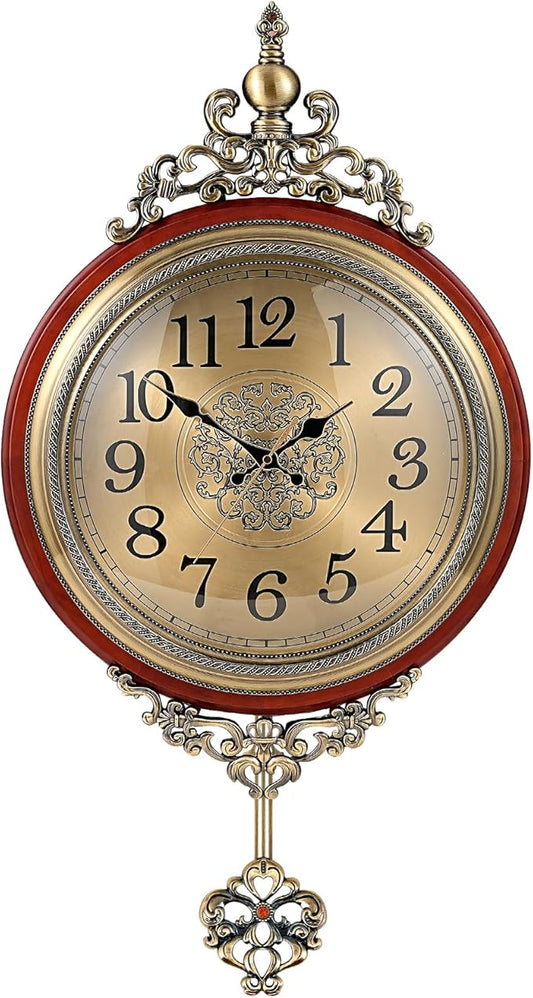 Vintage Wall Clock with Pendulum, 16 Inch Large Retro Metal and Glass Silent Clock for Living Room, Antique Wood Pendulum for Dining Room Office Home Decor